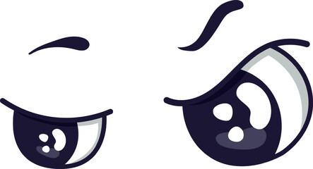 Expressive cartoon eyes convey a range of emotions, featuring a playful winking eye alongside a suspicious or angry eye, creating a humorous and engaging visual experience