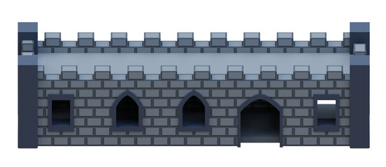 Gray brick medieval building isometric front style fortress. 3d rendering.	