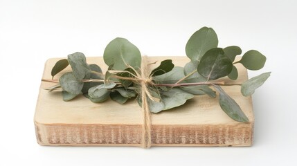Fresh Eucalyptus Branch Tied with Twine on Rustic Wooden Block