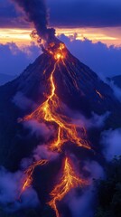 Fototapeta premium Majestic mountain erupts at twilight, showcasing glowing lava flows and dramatic clouds