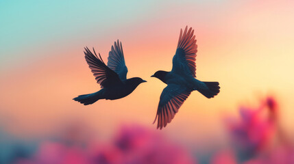Fototapeta premium Two birds at sunset a close-up view in a colorful sky - tranquil nature photography