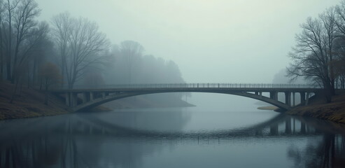 Fototapeta premium Misty bridge over calm river in foggy forest