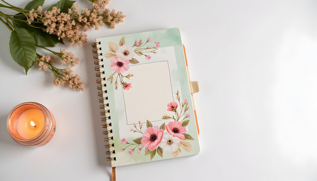 Floral journal with candle and blossoms on white surface