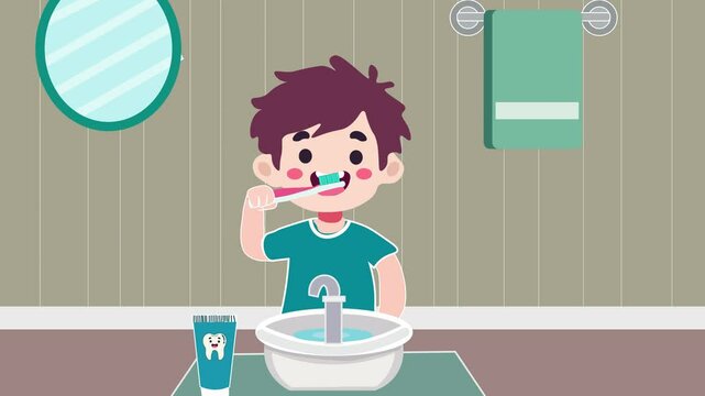 Smiling boy brush his teeth at bathroom flat design animation. Kid tooth hygiene and care. copy space