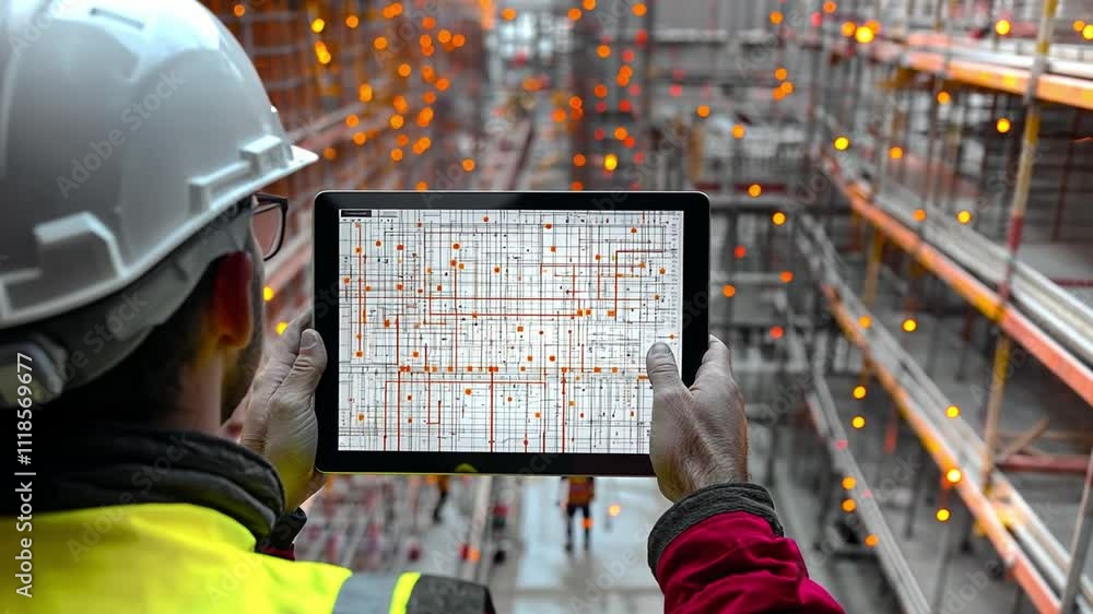 Poster construction worker using tablet for project management on site with illuminated scaffolding