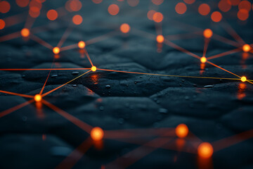Obraz premium Abstrakcyjna wizualizacja sieci połączeń, przedstawiająca świetliste punkty połączone cienkimi, pomarańczowymi liniami na ciemnym tle. 
