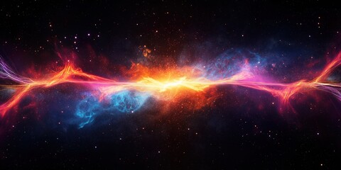 Bright abstract light flares and colorful streaks illuminate a cosmic landscape