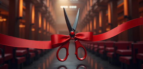 Scissors cutting red ribbon in grand opening ceremony