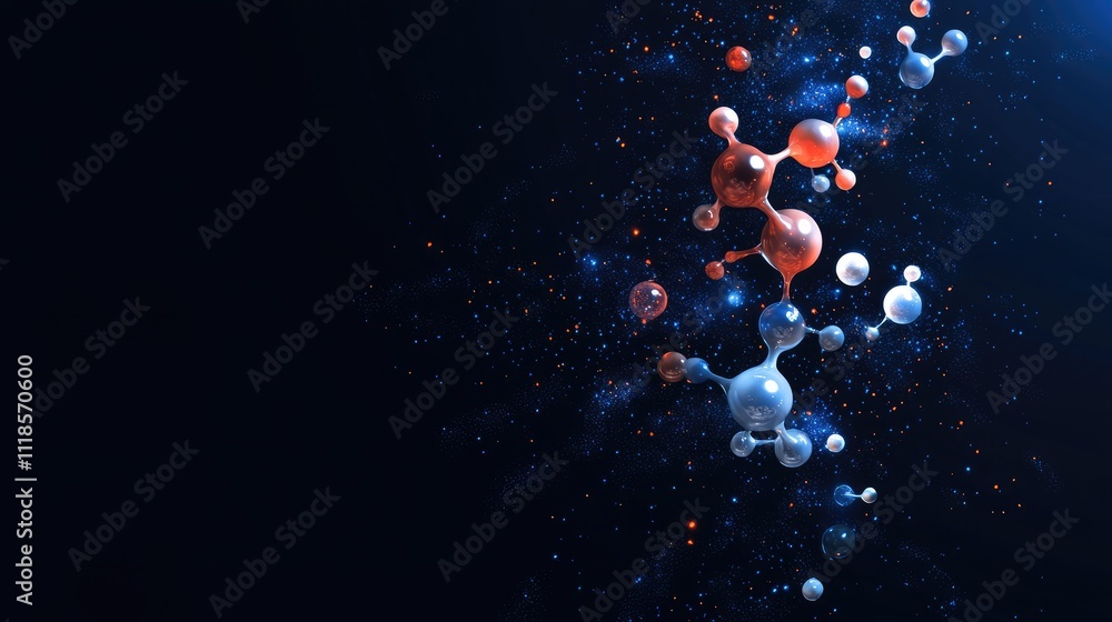 Poster abstract molecular structure with colorful atoms and particles