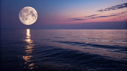 Sunset at sea with moon in background.