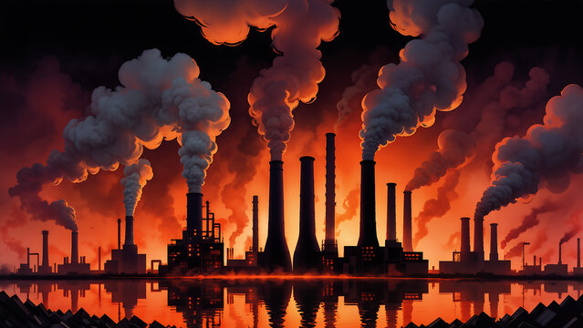 Rauchende Fabrik Kamine verpesten die Umwelt mit einem hohen CO2 Kohlenstoffdioxid Aussto&szlig;, giftige Gase durch Rauchentwicklung in der Luft schaden der Umwelt mit Umweltsch&auml;dlichen Emissionen