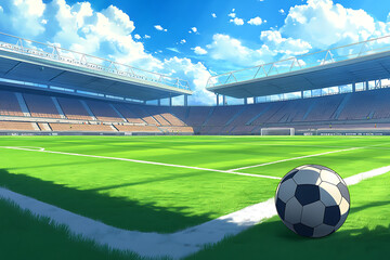A vibrant soccer stadium with a grassy field and a soccer ball in the foreground.