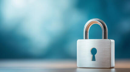 Fototapeta premium Closed padlock on a wooden surface represents data protection and security in cloud computing, with a futuristic blue gradient background
