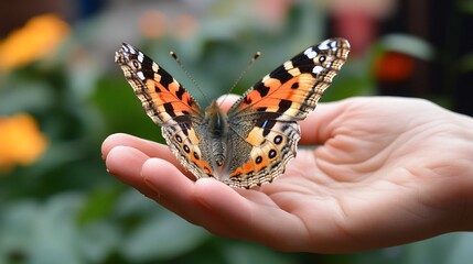 Painted lady butterfly resting on a human hand.