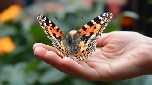 Painted lady butterfly resting on a human hand. - Powered by Adobe