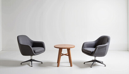 Fototapeta premium Two chairs and table in interview room with minimal design