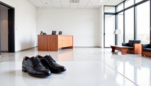 Polished black shoes in modern office reception area