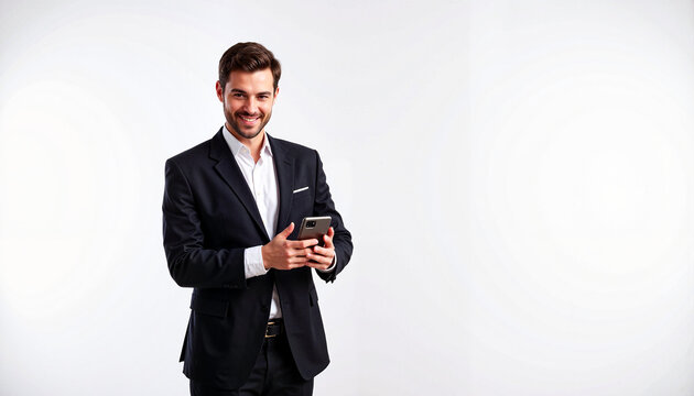 Smiling man in formal suit holding smartphone