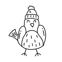 Little bird in cute winter hat. Winter season, Christmas vibe and New Year time. Black and white vector isolated illustration doodle hand drawn. Icon or card clip art