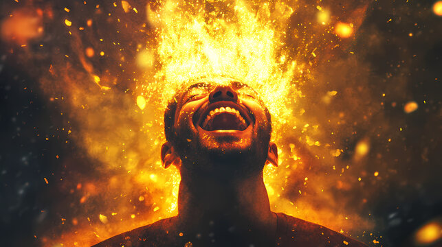 Man laughing with glowing golden particles swirling around him symbolizing joy euphoria and the explosive release of positive energy in a vibrant dynamic setting. Euphoria. Illustration