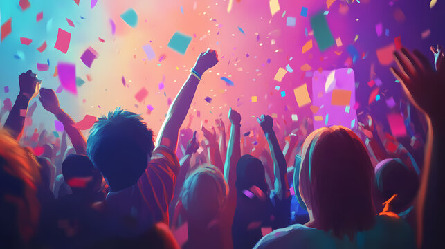 Multicolored confetti raining down on a cheering crowd, creating a sense of euphoria and shared celebration. Euphoria. Illustration