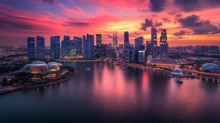 Fototapeta premium A vibrant sunset over a modern city skyline reflecting in the water.