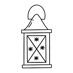 Scandinavian lantern with snowflakes. Black and white vector isolated illustration hand drawn doodle. Cozy flashlight single vintage element for home. Winter rime, Christmas vibe