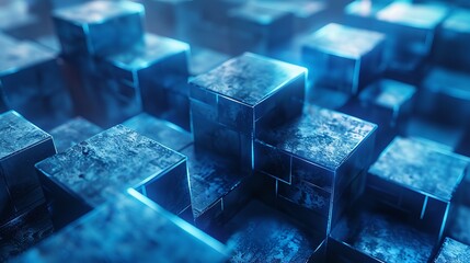 Blue, Glossy Cubes Precisely Constructed to create a Innovative Tech Background. 3D Render.