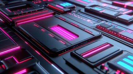 Abstract futuristic circuit board with glowing neon lines.