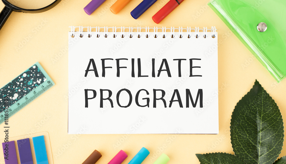 Poster notebook with toolls and notes about affiliate program