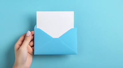 Woman s Hand Holding Light Blue Envelope with Blank White Card Minimalist Stationery Mockup