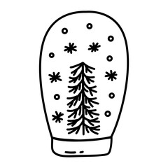 Snow glass ball with Christmas tree and snowing. Black and white vector isolated illustration hand drawn doodle. Festive winter season present card, New Year vibe. Icon clip art