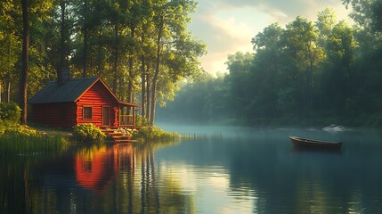 Fototapeta premium Serene forest lake framing quaint red cabin in autumn colors picture