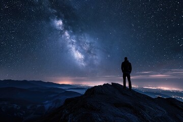 Fototapeta premium Silhouette of Man on Mountain: Night Sky and Starry Universe