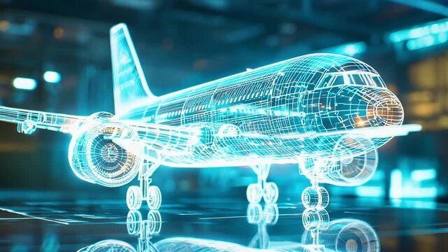 A detailed digital model of an aircraft showcasing advanced technology and design elements in planes engineering indoors