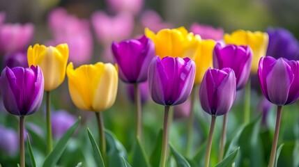 A vibrant display of tulips in various colors, showcasing nature's beauty in a garden setting.