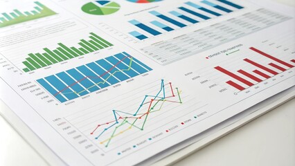 Colored Charts, Graphs, and Tables on White Background: Data Visualization.