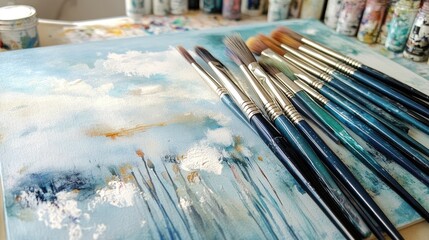 Obraz premium Artistic Palette with Brushes on Canvas in Creative Workspace