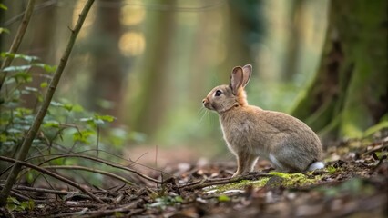 Obraz premium Brown rabbit sitting in a serene forest setting