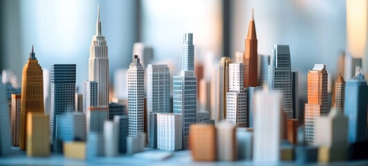 Miniature city skyline model with skyscrapers.