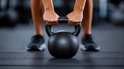 Fototapeta premium A woman's hands firmly hold a kettlebell while she engages in weight lifting at a gym. The setting features barbells and weights on the ground, creating a focused workout environment