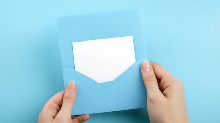Fototapeta premium Hands Holding Light Blue Envelope with Blank Notecard Stationery Mockup