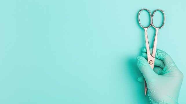 rubber gloved and textured concept. Hand holding surgical scissors against a turquoise background, symbolizing healthcare and precision.