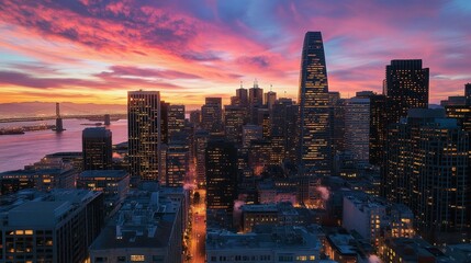 Obraz premium A vibrant sunset over a city skyline, showcasing modern architecture and urban life.