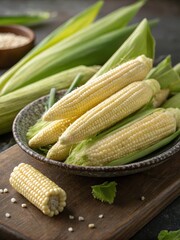 Fresh baby corn on plate with green leaves and wooden background