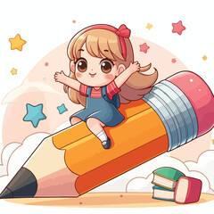 a girl is riding on a pencil vector