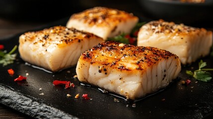 Grilled white fish portions elegantly displayed on a polished black surface.