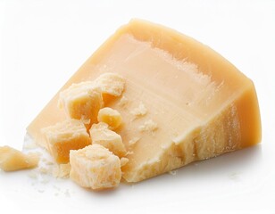 a wedge of parmesan cheese with crumbled pieces isolated on white background transparent