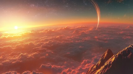 Sunrise over a cloud-covered alien planet with mountains.