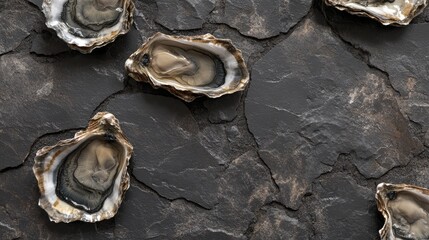 Highlighted oyster shells and meat over a premium dark slate texture.